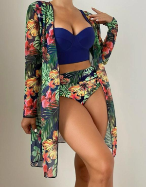 3pack Tropical Print Push Up High Waisted Bikini Swimsuit & Kimono