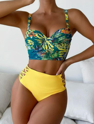 YELLOW Tropical Print Push Up High Waisted Bikini Swimsuit