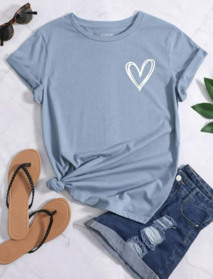 Heart Print W Round Neck Tee
