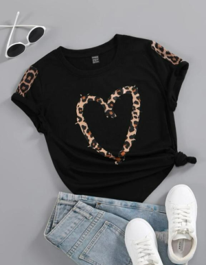 BLACK Leopard & Heart Print Tee