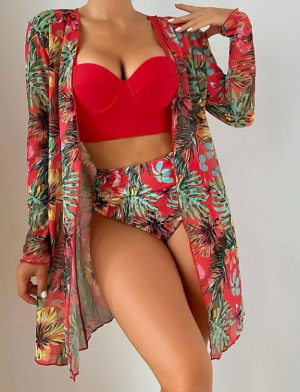 RED Tropical Print Push Up High Waisted Bikini Swimsuit With Kimono
