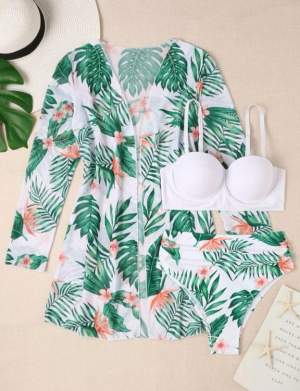 Tropical Print Push Up Hipster Bikini Swimsuit & Kimono