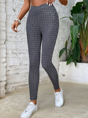 Plaid Print Asymmetrical Waistband Waist Leggings
