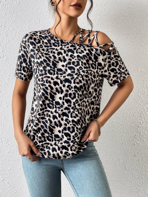Leopard Print Asymmetrical Neck Tee