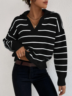 Striped Notched Drop Shoulder Sweater