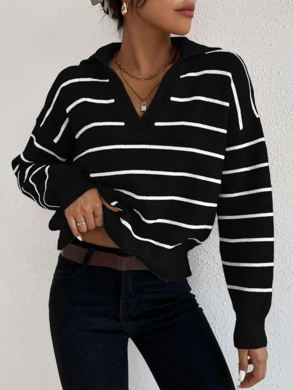 Striped Notched Drop Shoulder Sweater