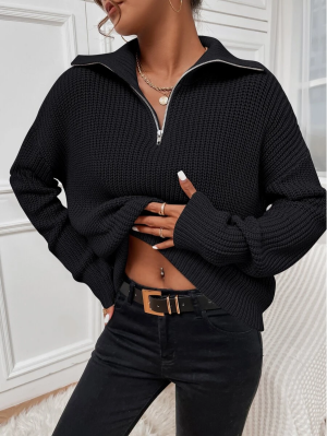 Ribbed Knit Half Zipper Drop Shoulder Sweater