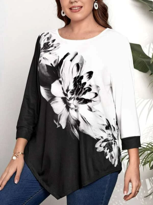 Plus Floral Print Asymmetrical Hem Tee