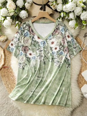 Plus Floral Print V Neck Tee