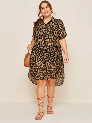 Plus Cuffed Sleeve High-low Hem Leopard Chiffon Blouse