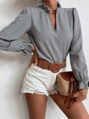 Gingham Flounce Sleeve Frilled Neck Blouse