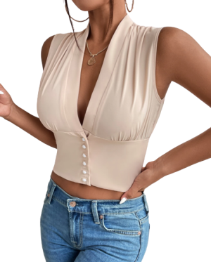 Privé Ruched Shoulder Button Front Sleeveless