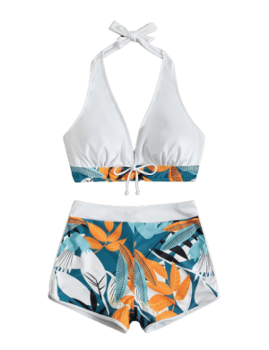 Swim Vcay Plant Print Halter Shorts Bikini Swimsuit