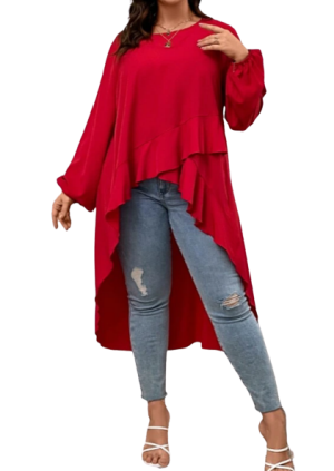 Plus Lantern Sleeve Ruffle Trim High Low Hem Blouse