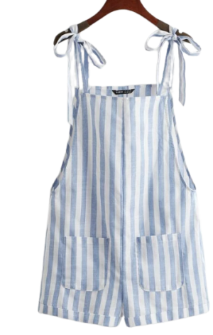 Tie Shoulder Pocket Patched Two Tone Striped Cuffed Romper