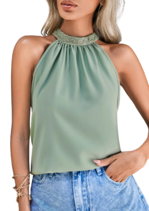 VCAY Solid Keyhole Back Halter Blouse