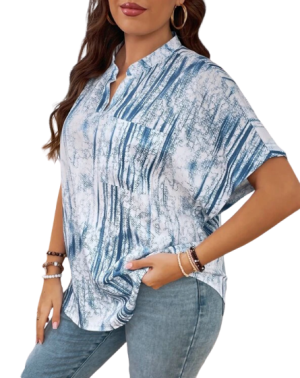 LUNE Plus Geo Print Batwing Sleeve Pocket Patched Blouse
