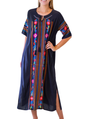 BLACK MULTI EMBROIDERED KAFTAN MAXI DRESS