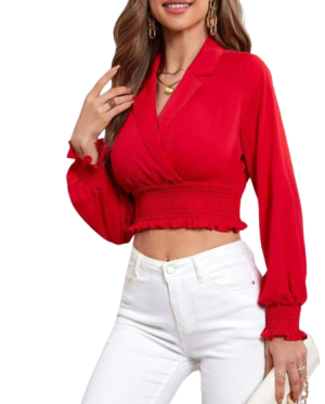 Privé Crop Top with Notched Collar and Lantern Sleeves