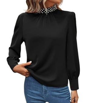 Pearls Beaded Puff Sleeve Keyhole Back Blouse