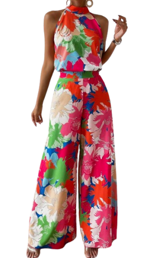 VCAY Floral Print Halter Top & Wide Leg Pants