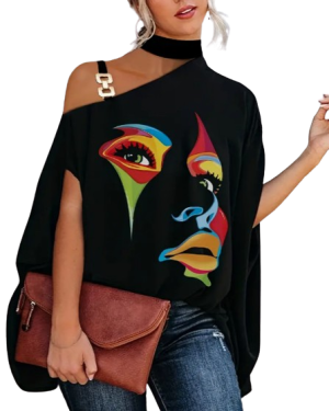 Abstract Portrait Print Choker Neck T-Shirt