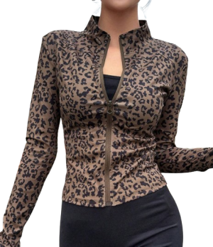 Slim Fit Stand Collar Leopard Print Jacket With Zipper