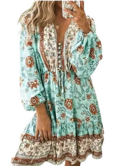 Boho Chic Floral Print V-Neck Dress