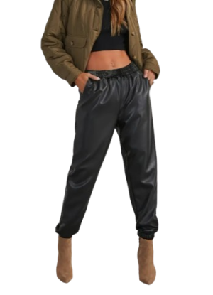 Fashion PU Leather Joggers with Elastic Waist and Front Button Closure