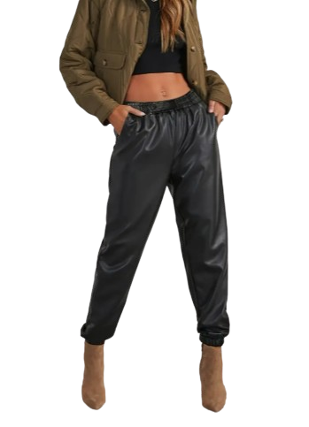Fashion PU Leather Joggers with Elastic Waist and Front Button Closure